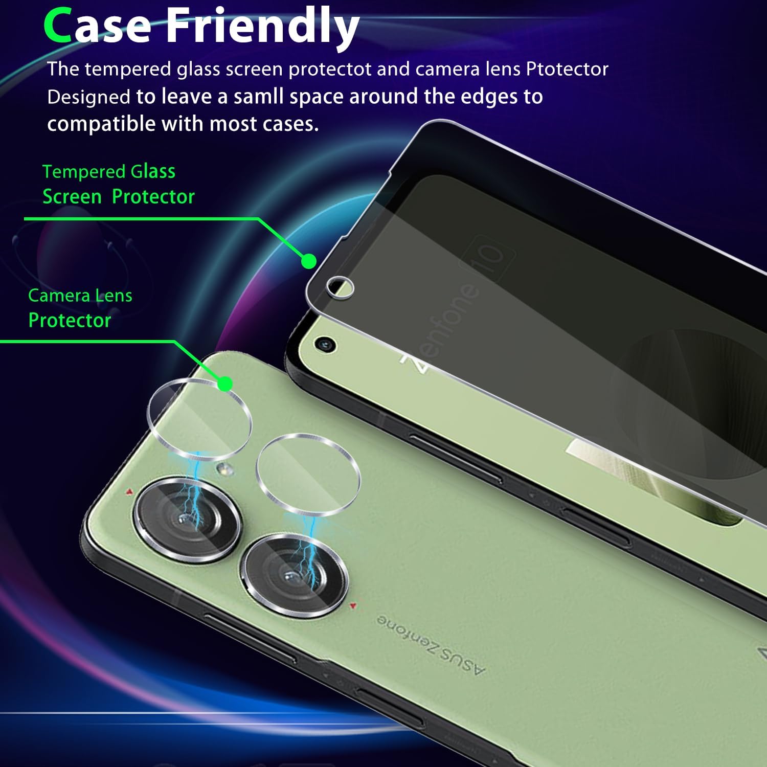 Paquete de 2+2 para Asus Zenfone 10 (2023) Protector de pantalla de vidrio templado de privacidad y protector de lente de cámara, antiespías,