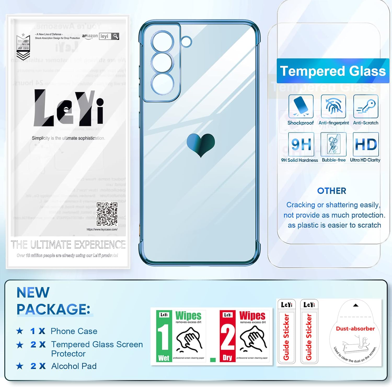 LeYi Funda para Galaxy S21 Fe 5G S21 Fe con protector de pantalla 2 piezas + protección completa de la cámara, chapado en corazón de amor, funda