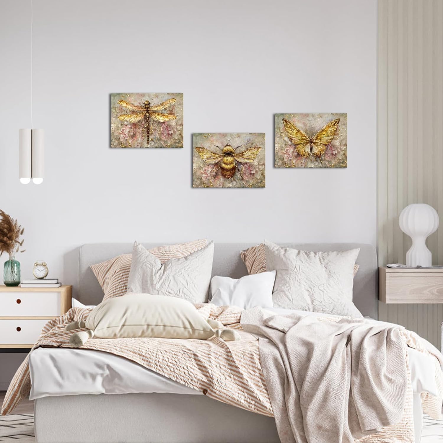 Artmyharbor Lienzo decorativo para pared, diseño de mariposa, abeja, libélula y libélula, imágenes de insectos, hermosas ilustraciones giclée, 3