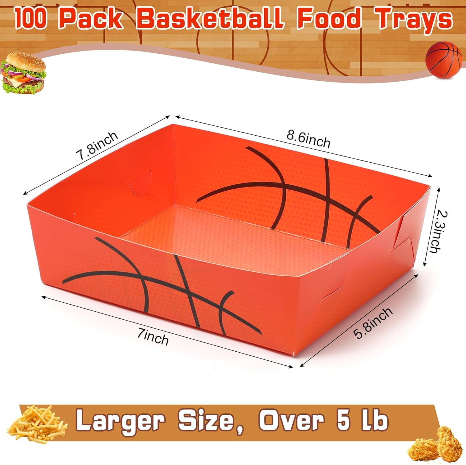 Paquete de 100 bandejas de papel de baloncesto de 5 libras, platos de baloncesto grandes, botes de comida, cuencos de baloncesto desechables,