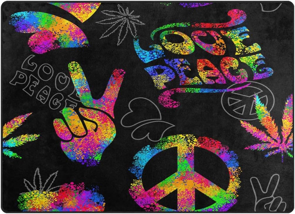 ALAZA Hippie Love Peace Sign Marihuana Leaves – Alfombra negra para sala de estar, dormitorio, 7 x 5 pies