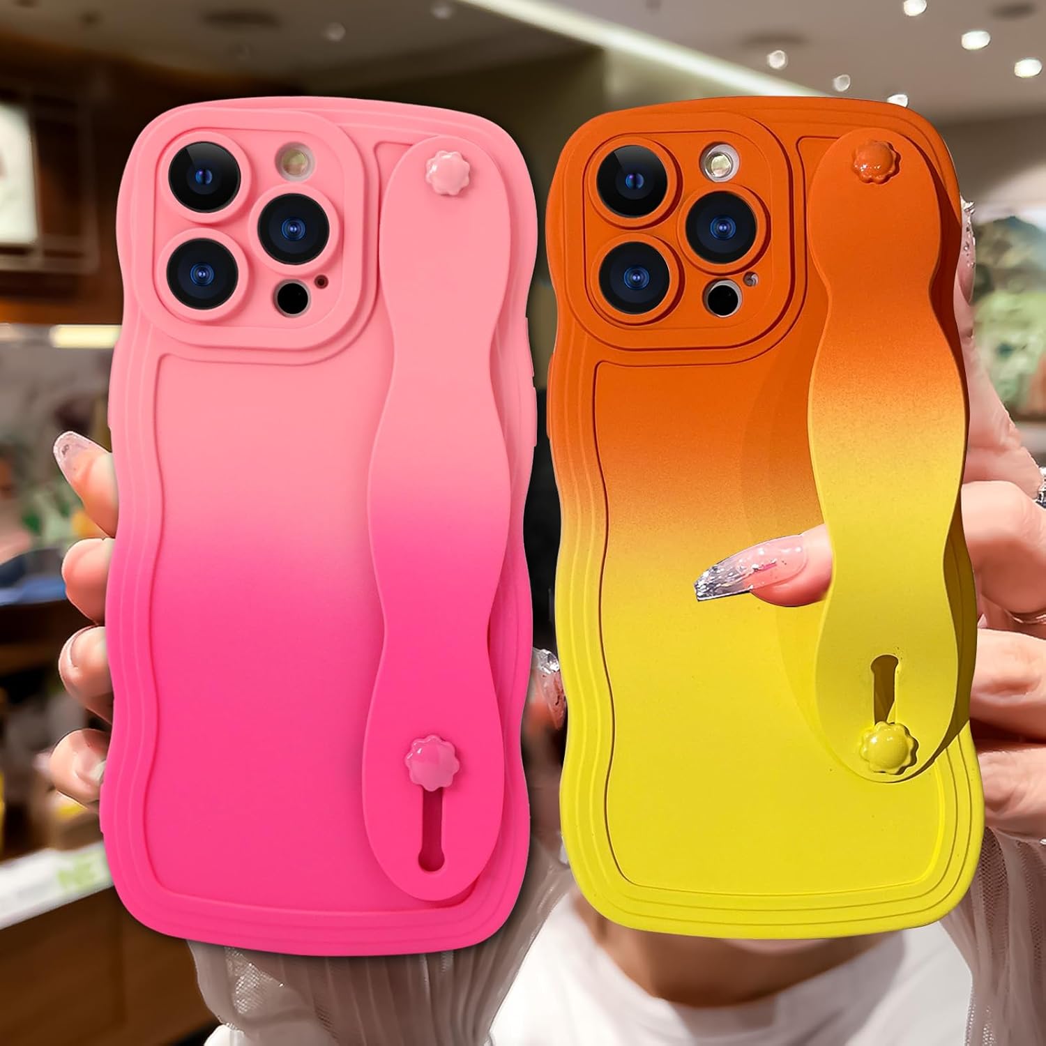 OOK Bonita funda con forma de marco ondulado rizado para iPhone 14 Pro Max con soporte de pulsera ajustable silicona suave a prueba de golpes,