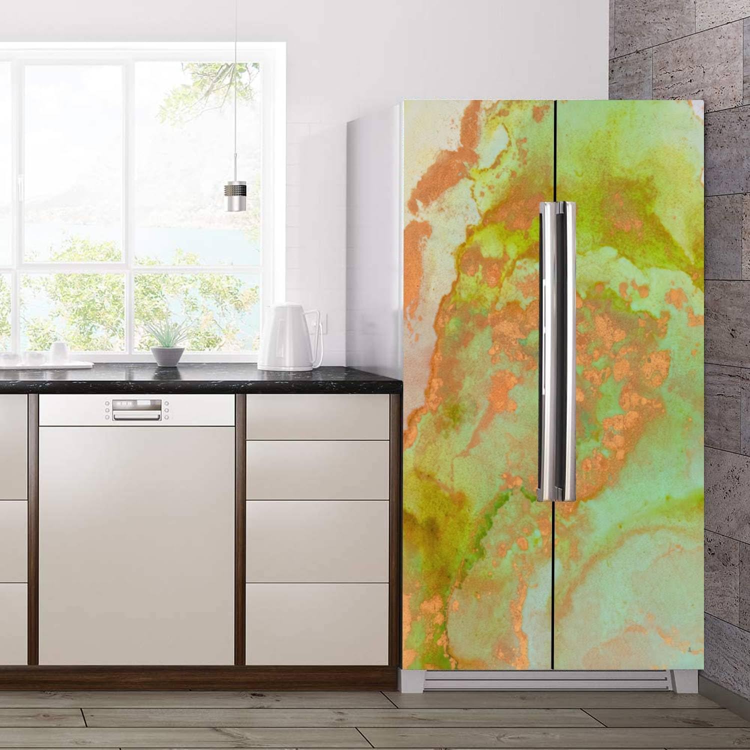 Juego de envoltorios de vinilo autoadhesivos para refrigerador, pintura abstracta fluida de lujo, técnica de tinta de alcohol, mural de puerta,