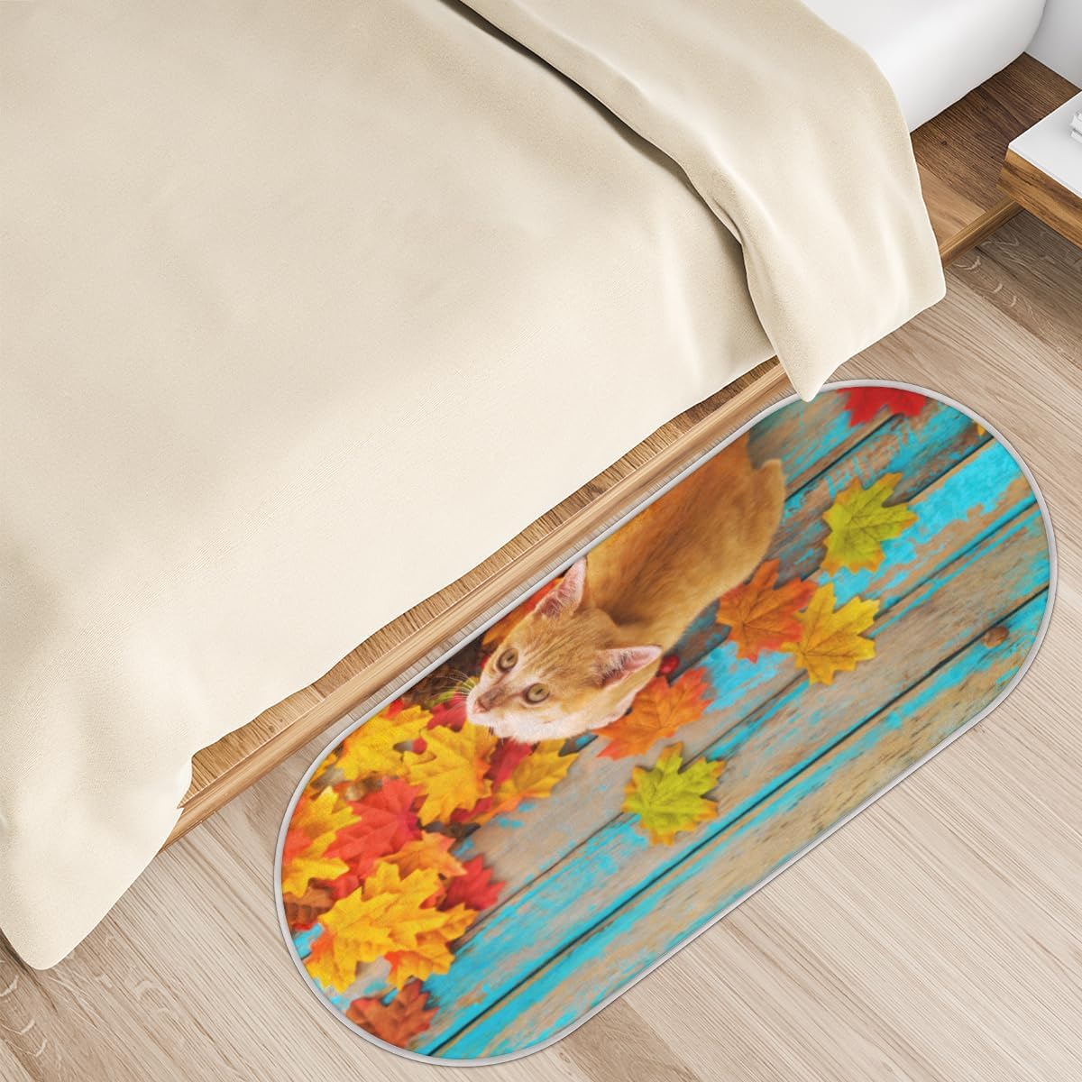 Cat Maple Leaves Memory Foam Bathroom Rug Runner Soft Cozy Bath Rug Water Absorbent Non-Slip Bathroom Mat Thick Velvet Shower Mat Bath Mat for