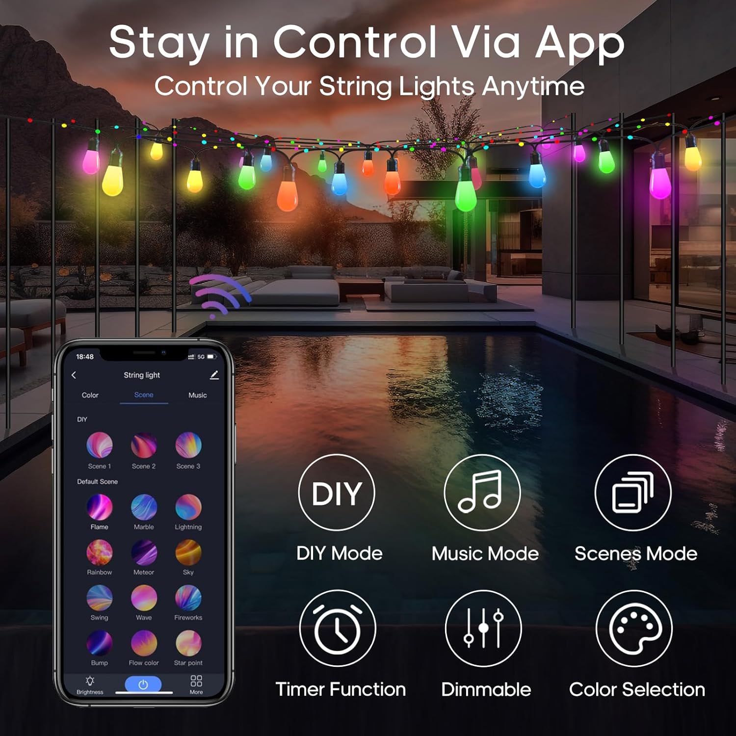 Nopoor Guirnalda de luces inteligentes para exteriores, bombillas LED RGB de 50 pies de color blanco cálido, luces de patio WiFi funcionan con