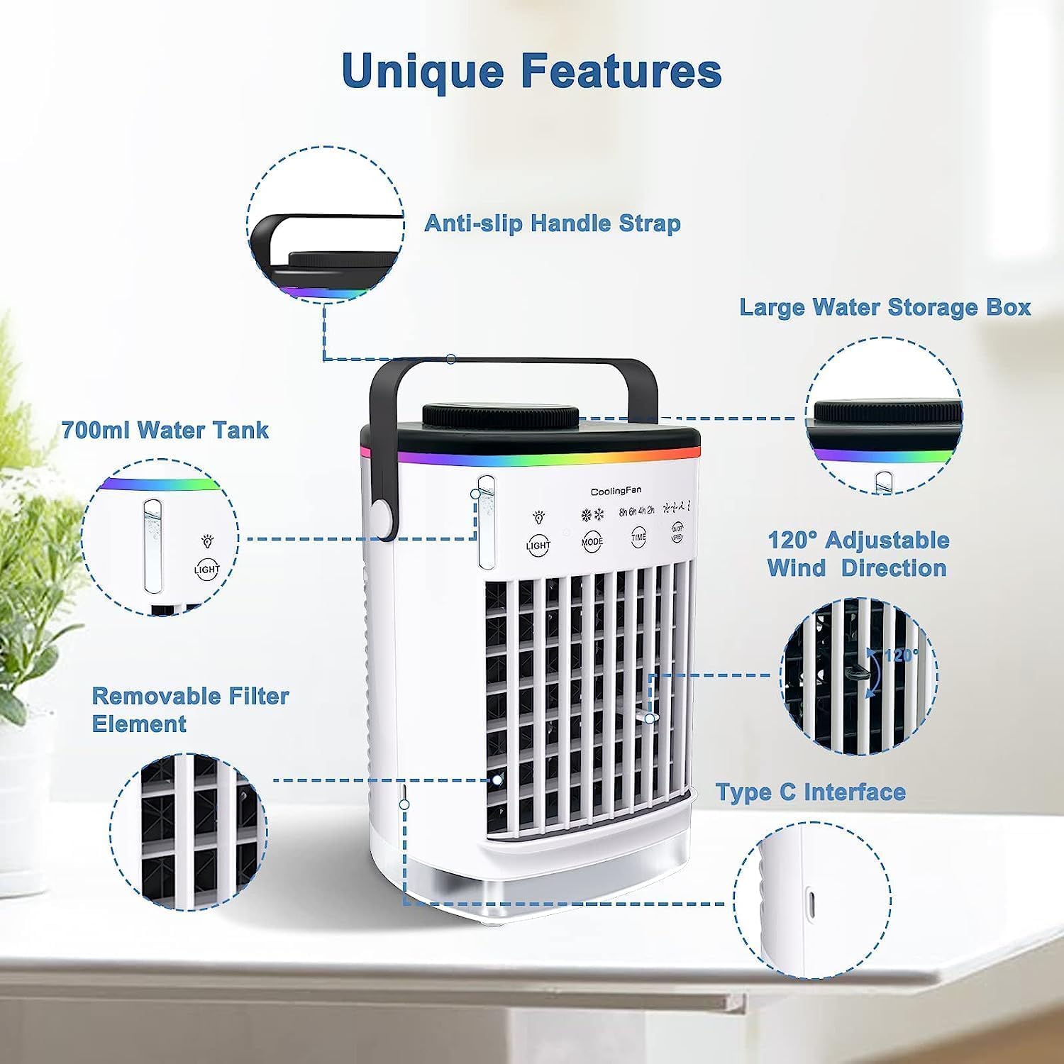 Aire acondicionado portátil, mini ventilador de aire acondicionado portátil, 4 velocidades de viento y 7 luces LED, 2 pulverizadores de aire frío y