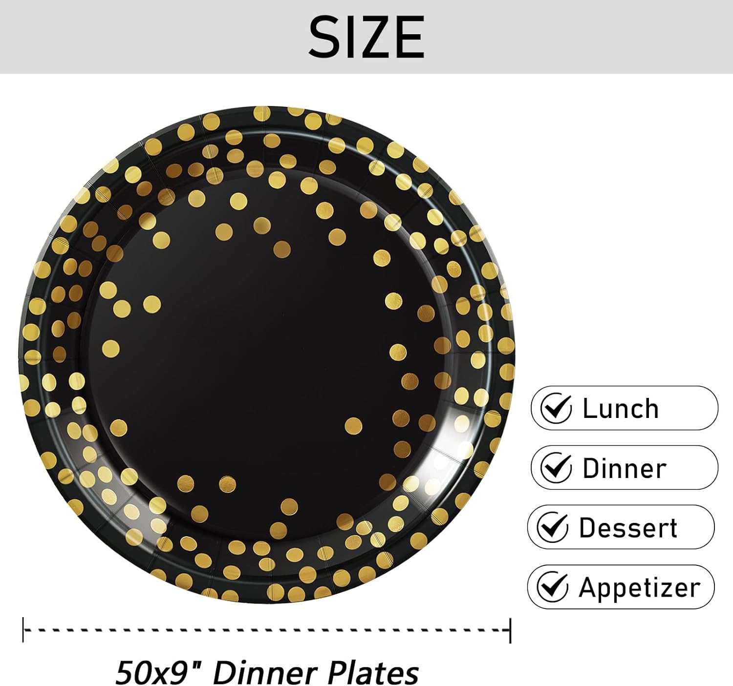 AntNest Platos de papel desechables de 9 pulgadas, platos de papel negro y dorado, platos de papel de fiesta de lunares de aluminio, 50 unidades