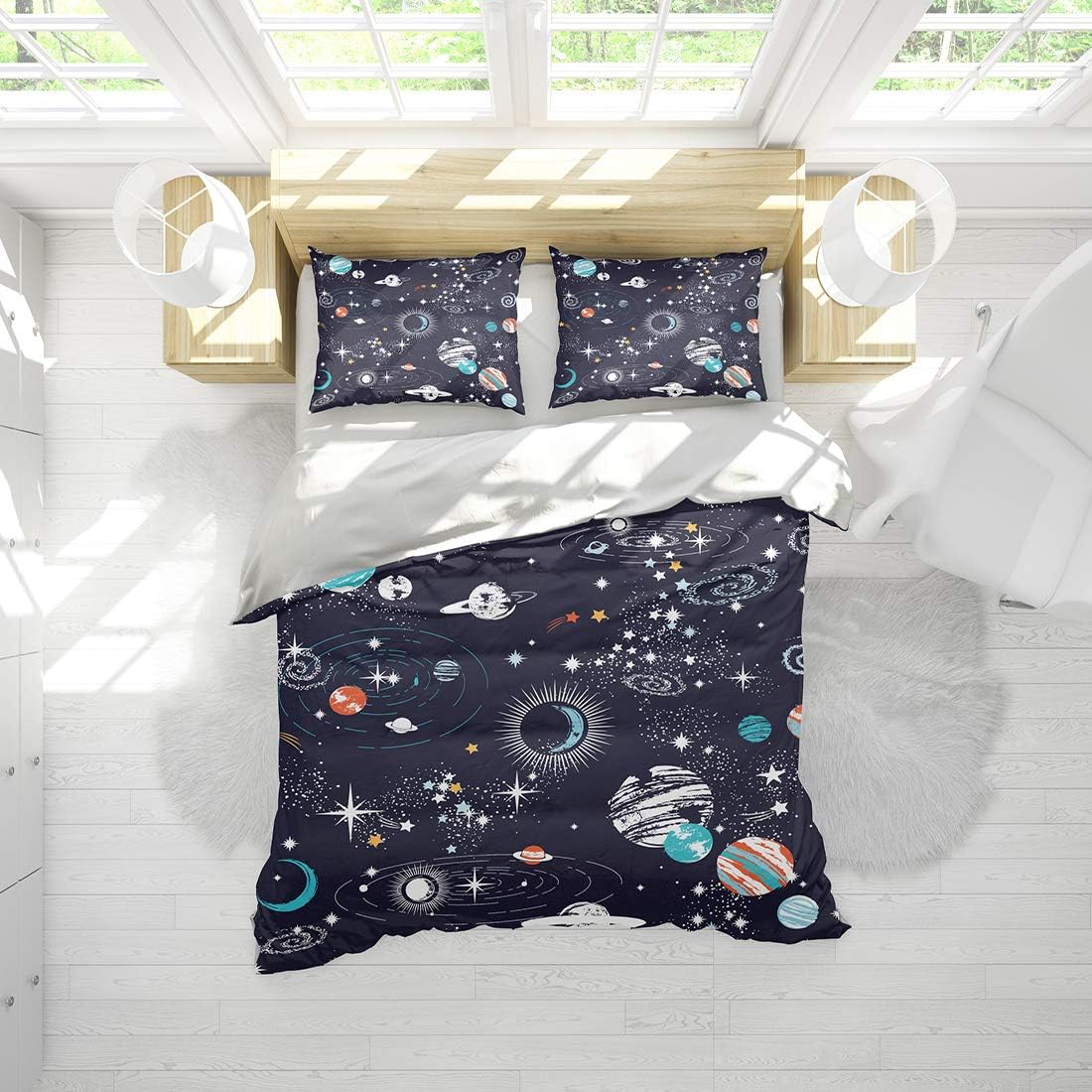 SHOMPE Galaxy Space – Juego de funda de edredón para niños, tamaño King, color azul marino, universo de aventura, estrellas, juego de ropa de cama