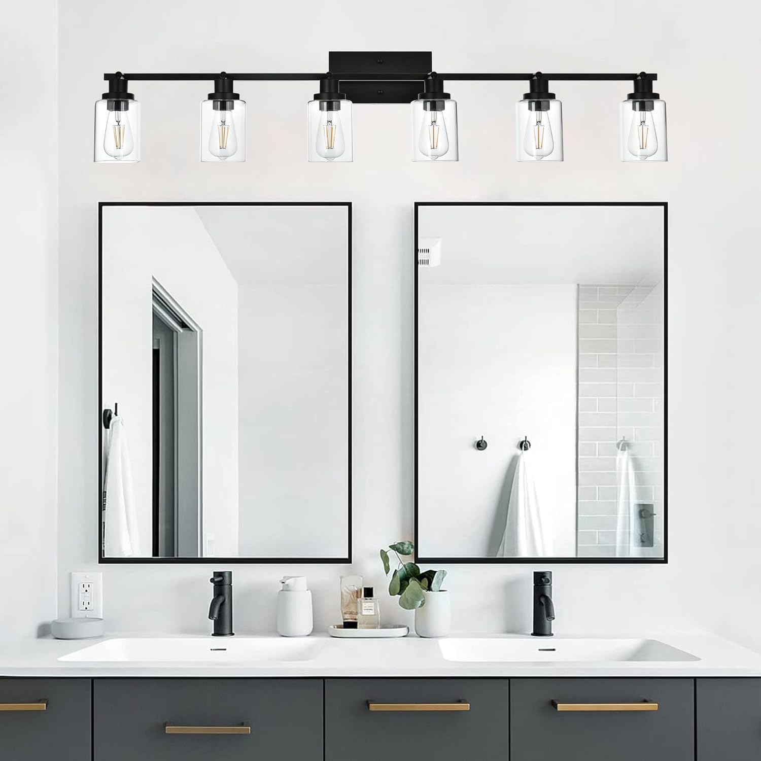 MELUCEE Kits de iluminación de riel de techo, 6 lámparas de baño, montaje en pared con cabezal de luz giratorio, modernos focos negros con pantalla