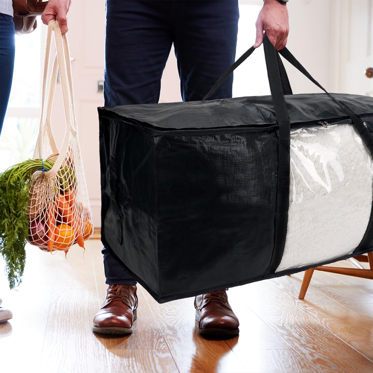 Fixwal Bolsas de mudanza resistentes, paquete de 6, 93 L, color negro, bolsas de almacenamiento con asas resistentes y ventana visible, ahorro de
