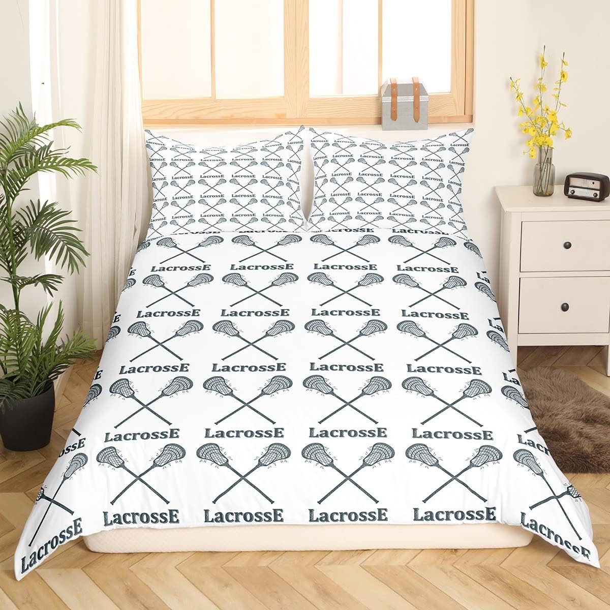 Erosebridal Lacrosse – Funda de edredón para adolescentes y jóvenes, juego de ropa de cama de palo de lacrosse negro y blanco, funda de edredón
