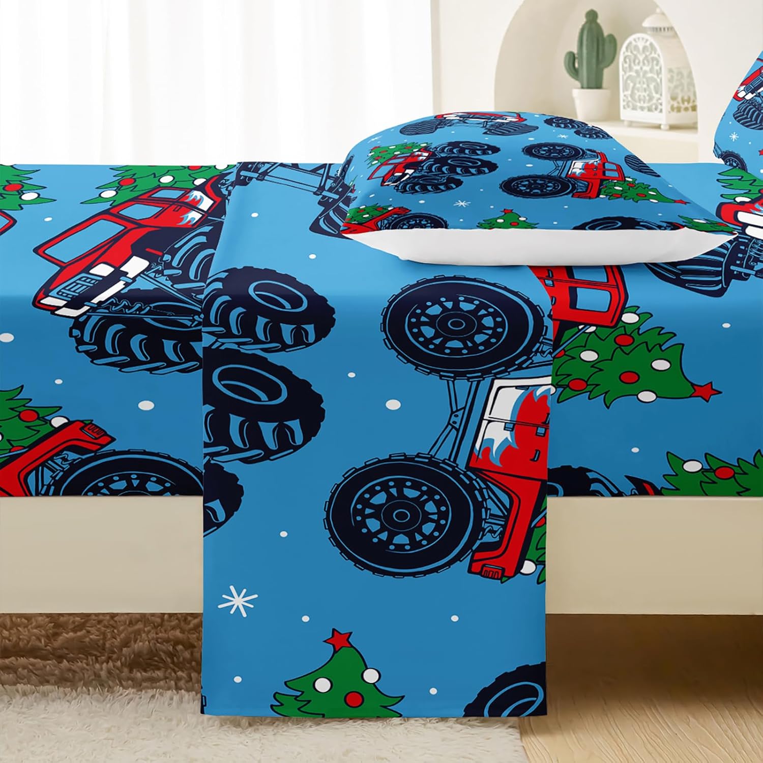 Juego de sábanas de camión, tamaño individual, juego de sábanas para niños, ropa de cama con estampado de camión de árbol de Navidad, ultra suave,