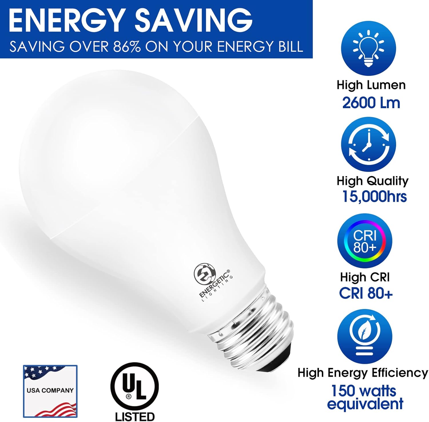 ENERGETIC SMARTER LIGHTING Bombilla LED A21 regulable, equivalente a 150 W, blanco frío 4000 K, 2600 lm, certificación UL, base estándar E26,