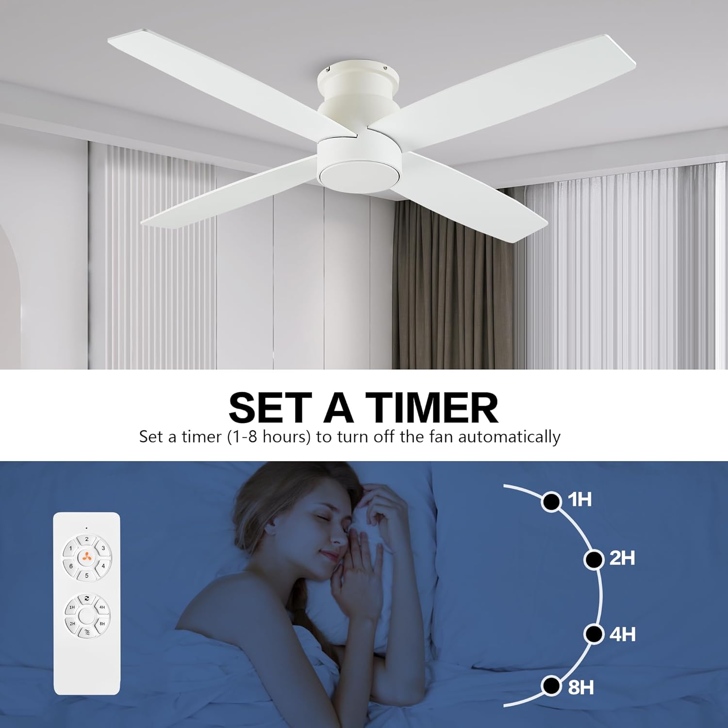 WINGBO Ventilador de techo CC de montaje empotrado de 52 pulgadas sin luces, 4 aspas reversibles, motor de CC ultra silencioso de 6 velocidades,