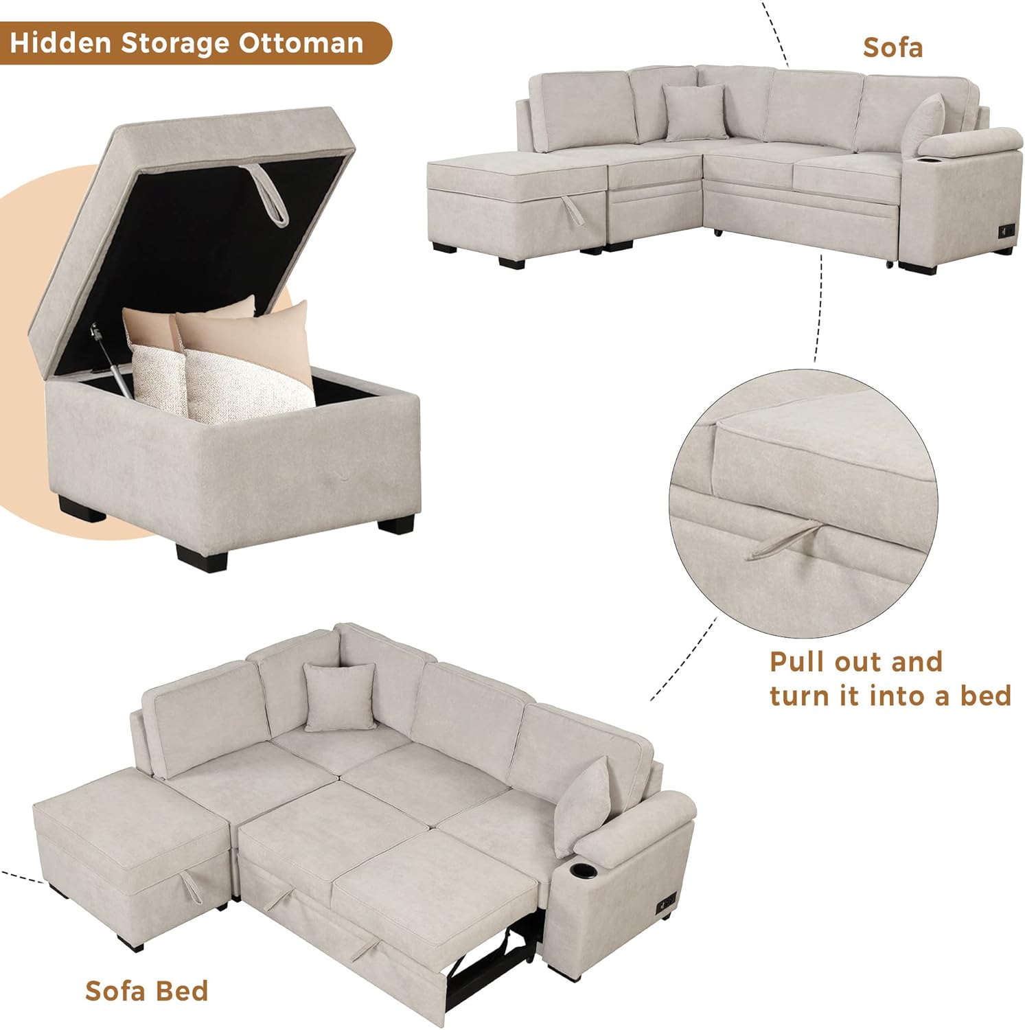 Sofá cama modular con cama extraíble y diván, sofá convertible 2 en 1 en forma de L con otomana de almacenamiento, carga USB y soporte para tazas,