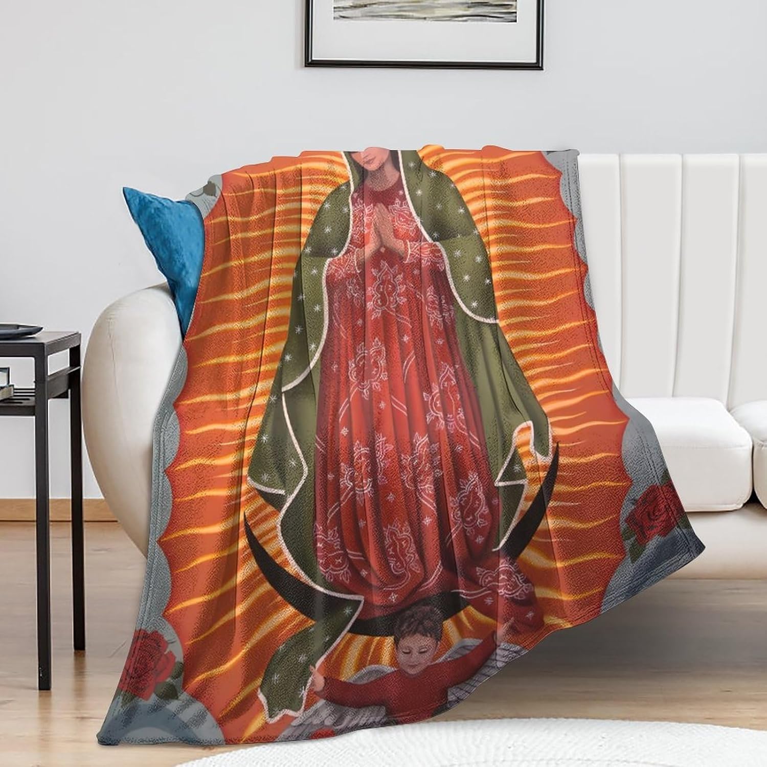 Nuestra Señora de Guadalupe Virgen María – Manta de Navidad suave y acogedora con pelusa de ángel, manta cálida para sofácama, manta de poliéster