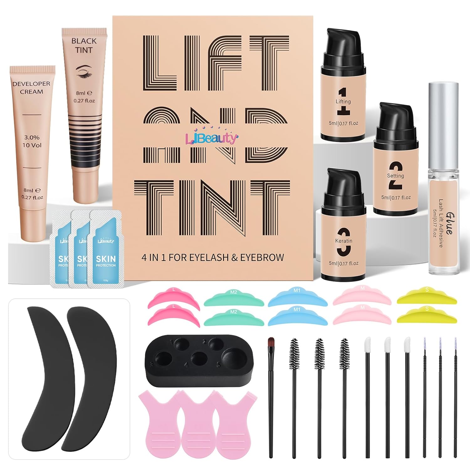 Libeauty Kit de elevación de pestañas y color para cejas con color negro, permanente de elevación rápida y coloración voluminosa con herramientas