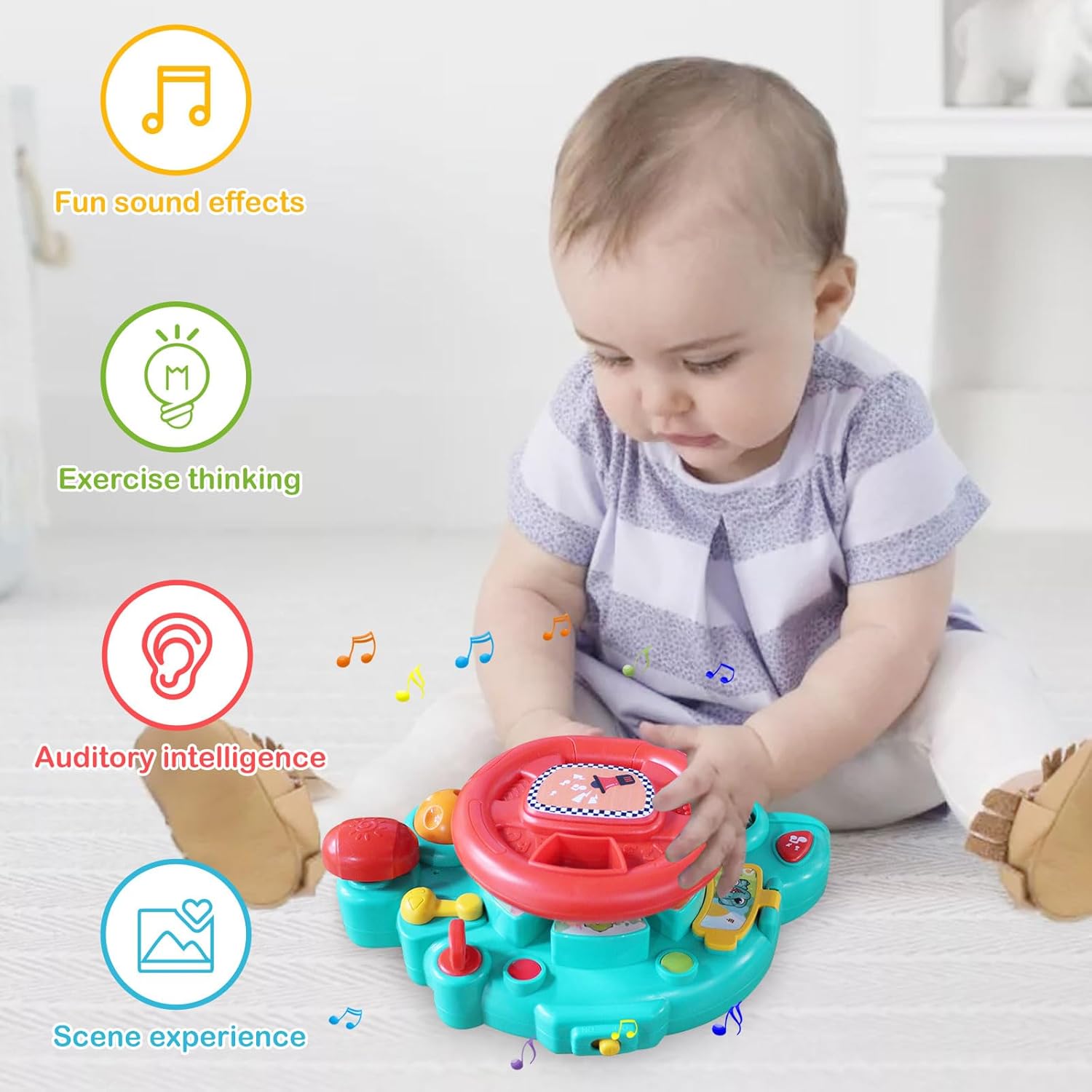 HANMUN Juguetes de asiento de automóvil para bebé, juguete para volante de automóvil con luces musicales y sonidos de conducción, juguetes para