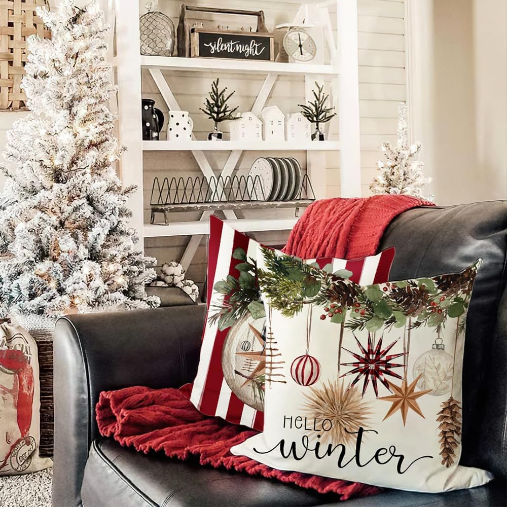 DFXSZ Juego de 4 fundas de almohada de Navidad de 20 x 20 pulgadas, guantes de árbol de Navidad decorativos de invierno con diseño de rayas rojas y