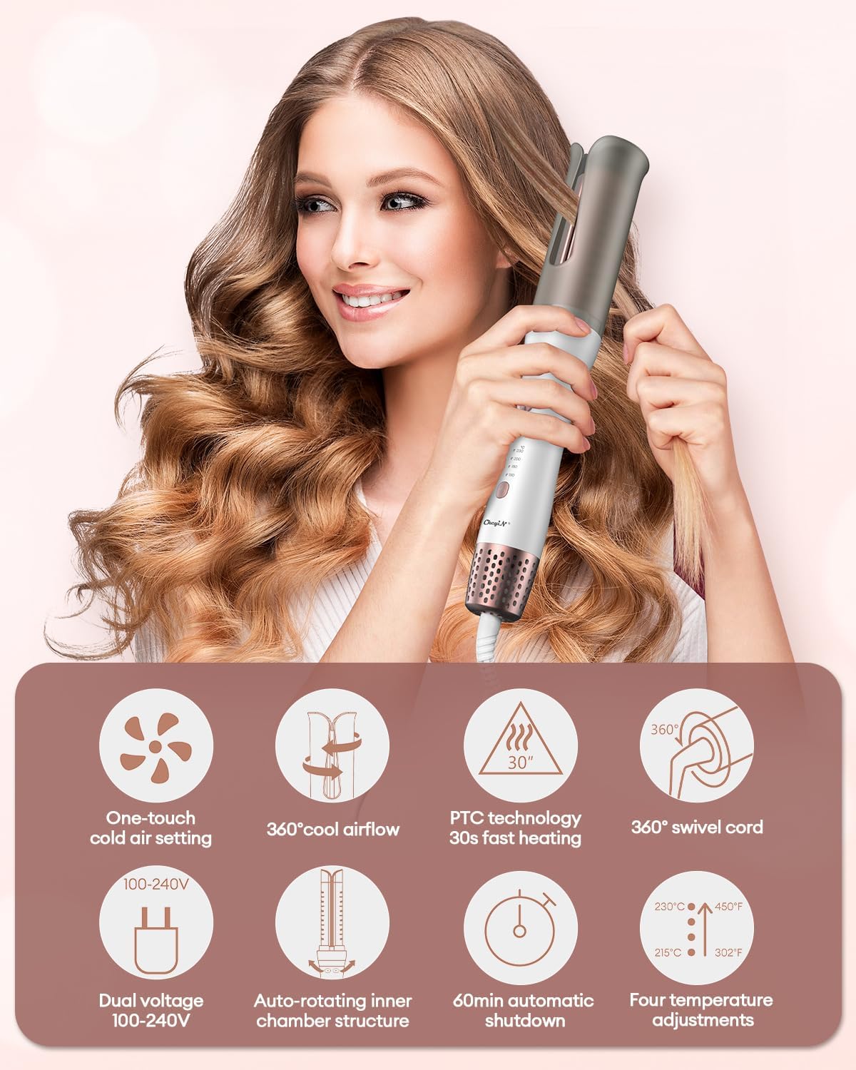 CkeyiN Rizador de pelo automático, rizador automático con ventilador de aire frío, aire frío de un solo toque y 4 temperaturas, rizador de pelo de