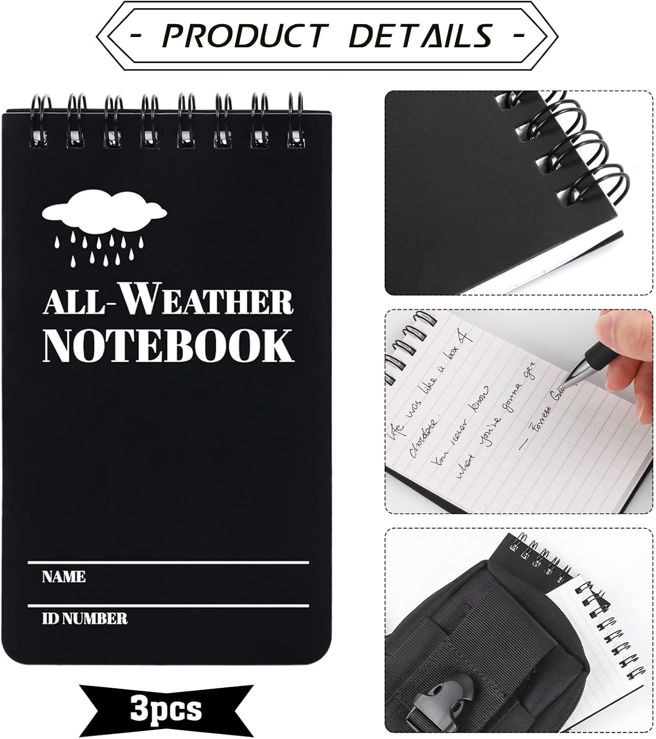 Cuaderno de notas impermeable de 3 × 5 pulgadas con bolígrafo resistente a la intemperie y cubierta de tela, cuaderno de bolsillo para escribir en