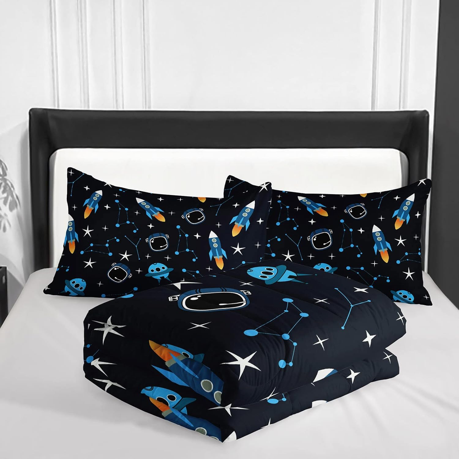 BailiPromise Juego de edredón de tamaño individual, diseño de cielo estrellado, diseño de espacio exterior, dibujos animados, para niños y niñas, 1