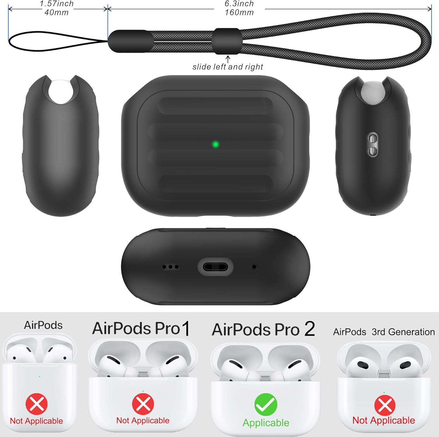 Funda antipérdida compatible con Airpods Pro 2, carga inalámbrica, LED visible, cordón incluido (negro-beige)