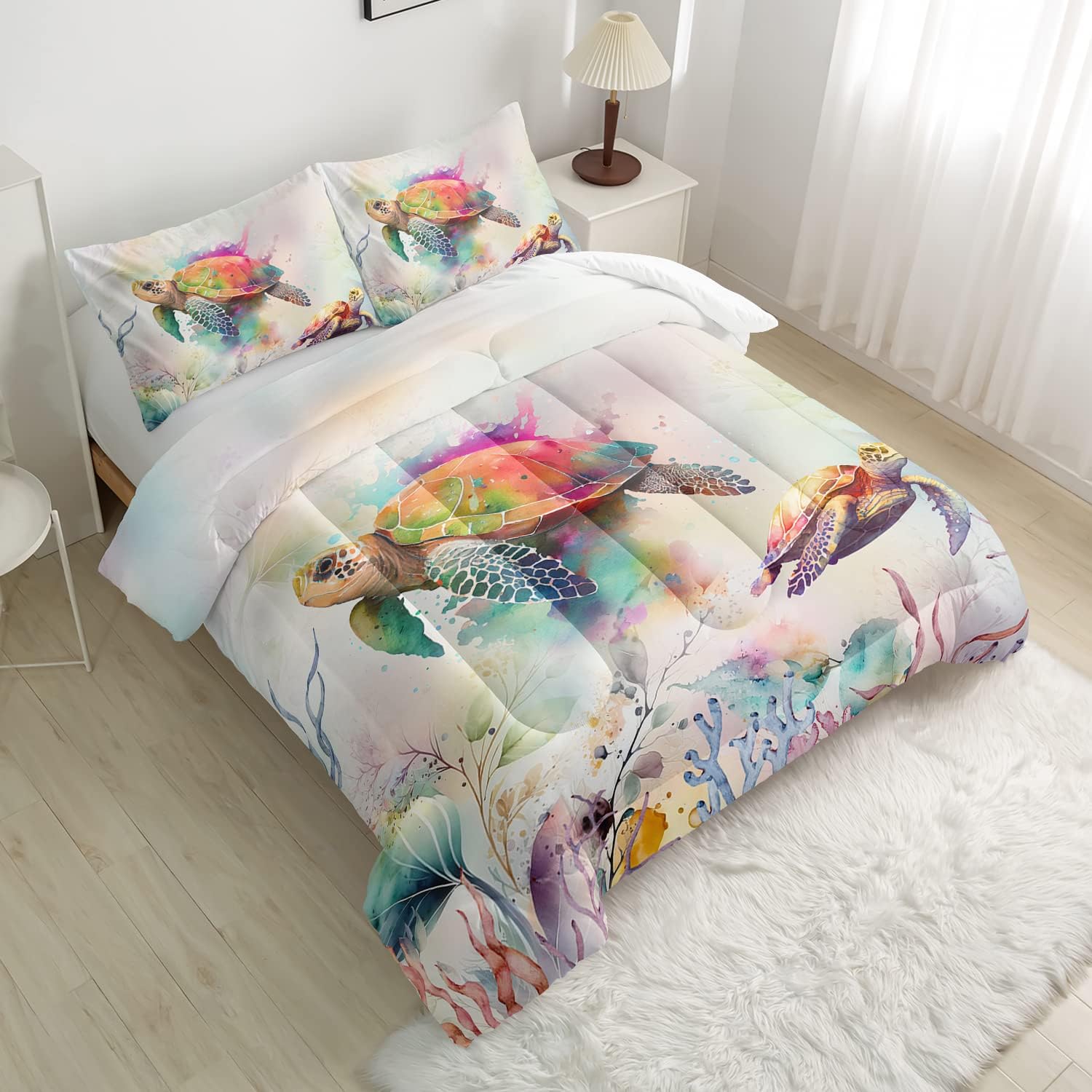 CVHOUSE Juego de edredón de tortuga marina, tamaño individual, juego de ropa de cama de tortuga oceánica para niños, juego de edredón de tortuga