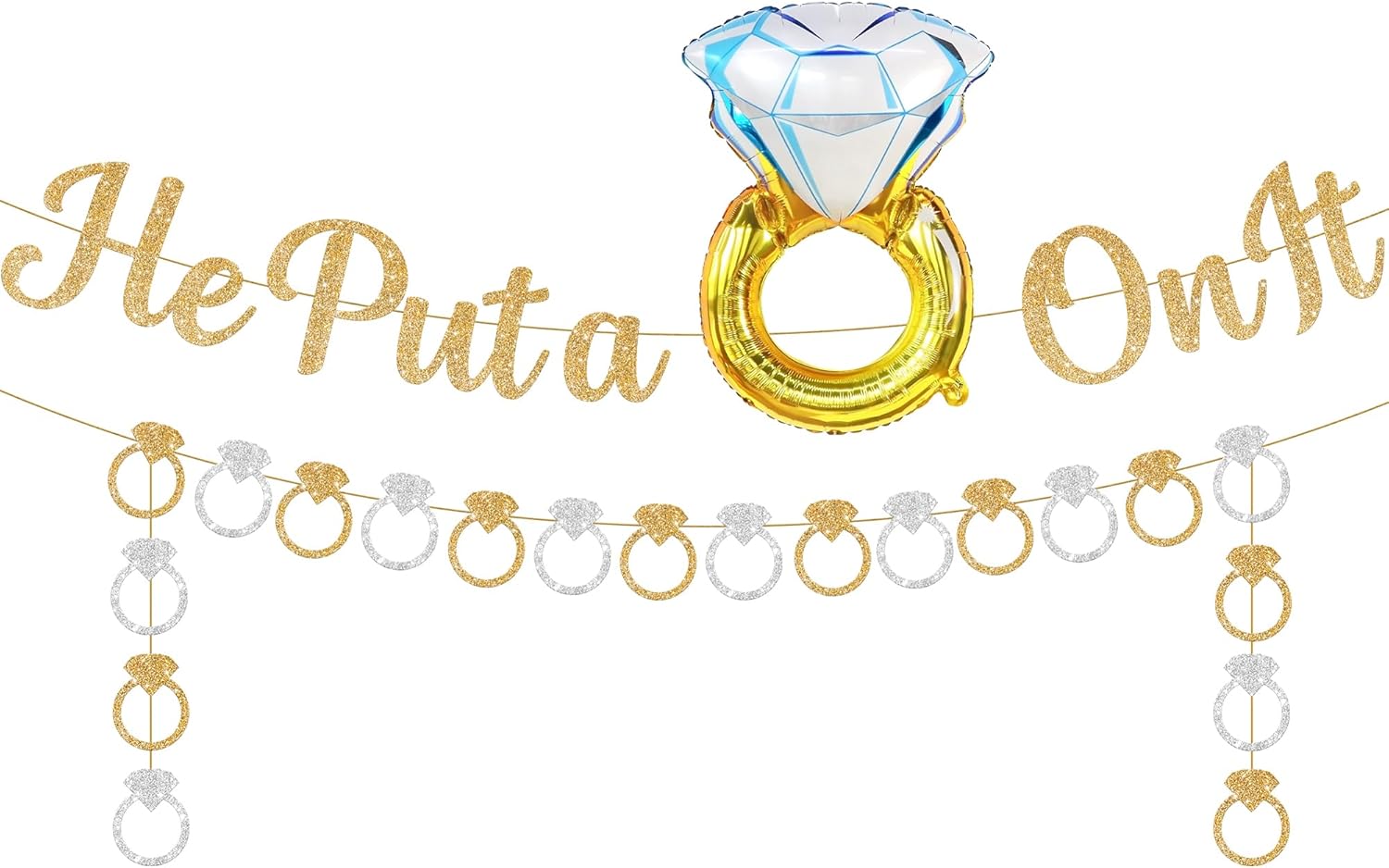 KatchOn, Cartel con purpurina, dorado, con el texto en inglés “He Put A Ring On It” con bonito globo de anillo de diamantes, paquete de 2 globos de