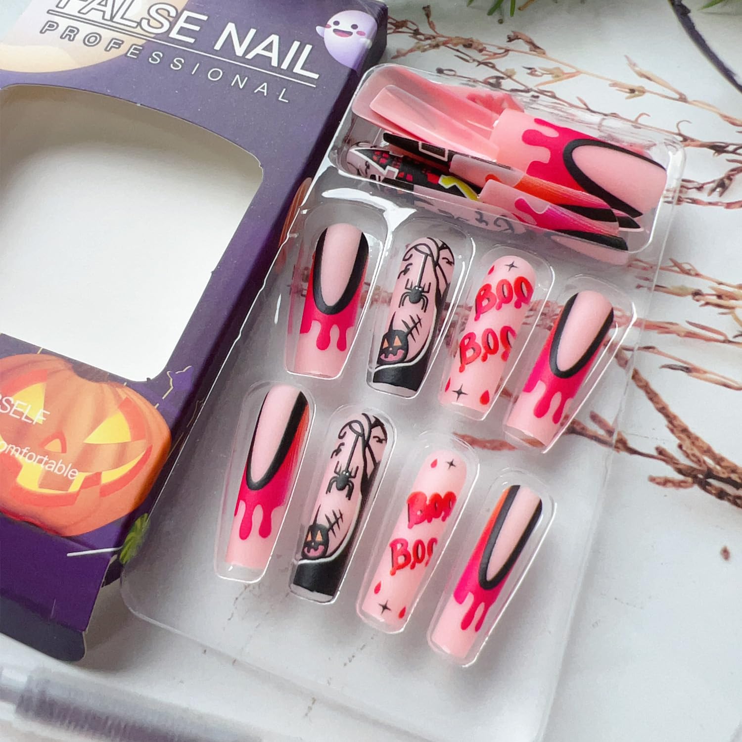 Uñas postizas largas de Halloween, uñas cuadradas a presión, con punta francesa de sangre, uñas con pegamento, uñas de araña largas cuadradas de