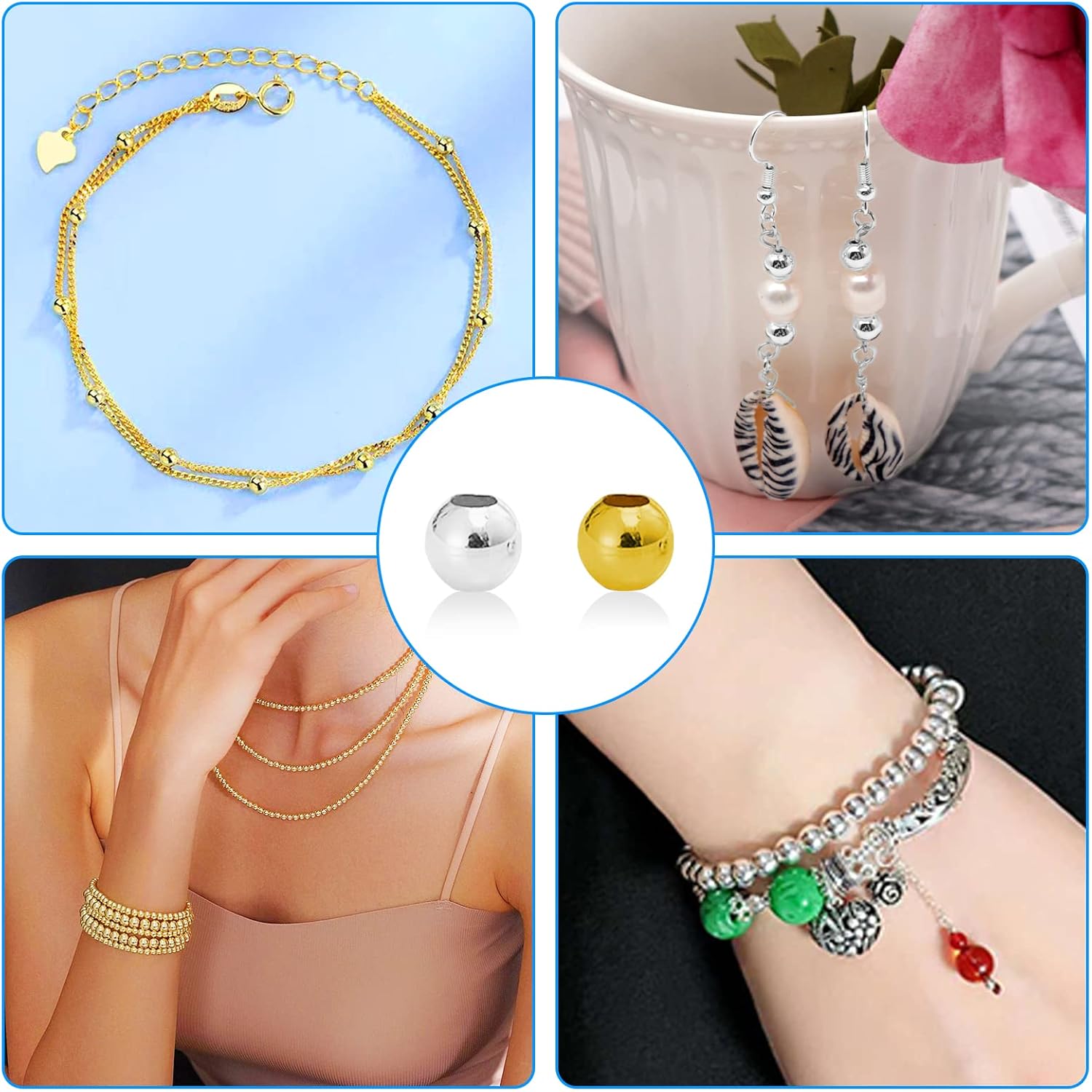 400 cuentas espaciadoras para fabricación de joyas, cuentas redondas chapadas en metal de 0.236 pulgadas, sin costuras, suaves, sueltas, cuentas de