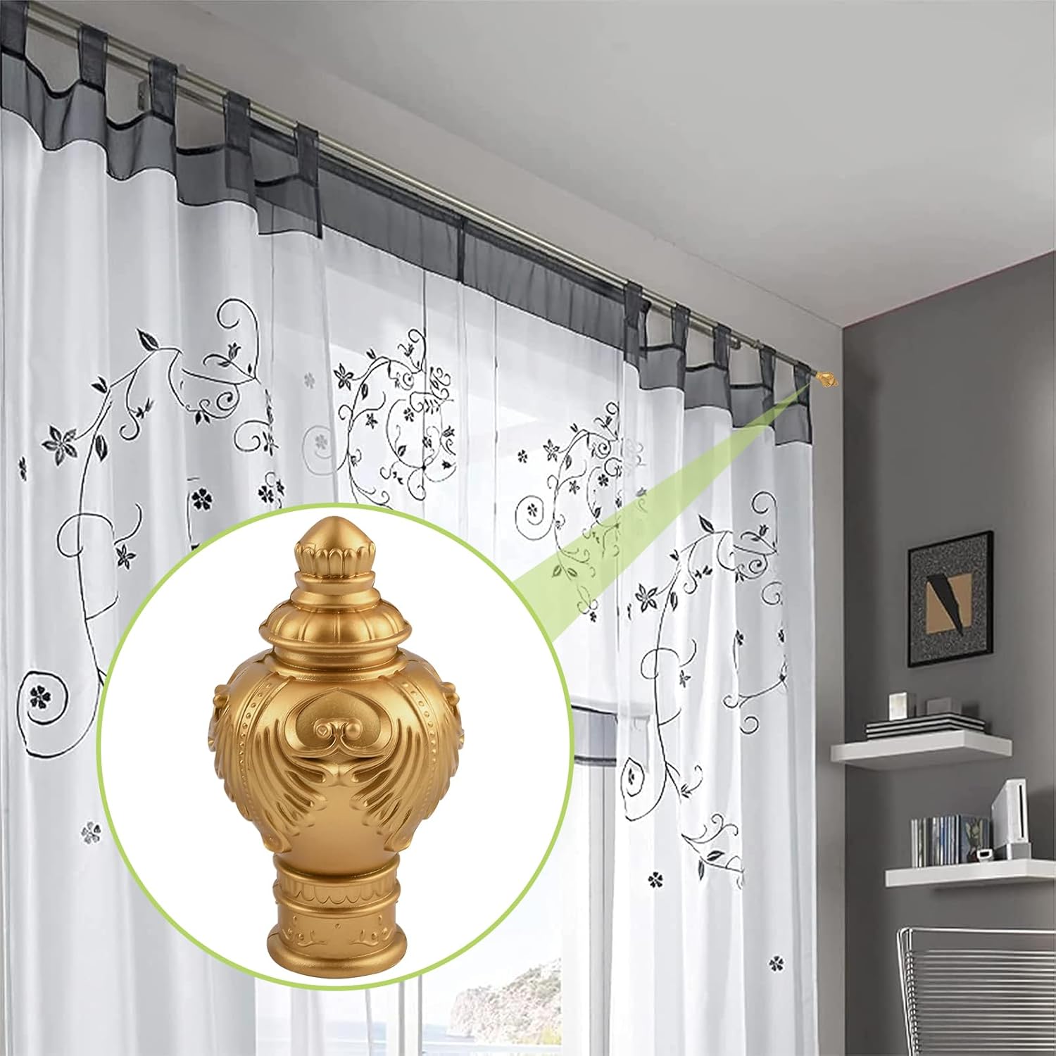 UFURMATE Remates de cortina, 6 piezas de plástico dorado para cortinas, barra de cortina, tapa decorativa para ventana, extremo de cortinero,