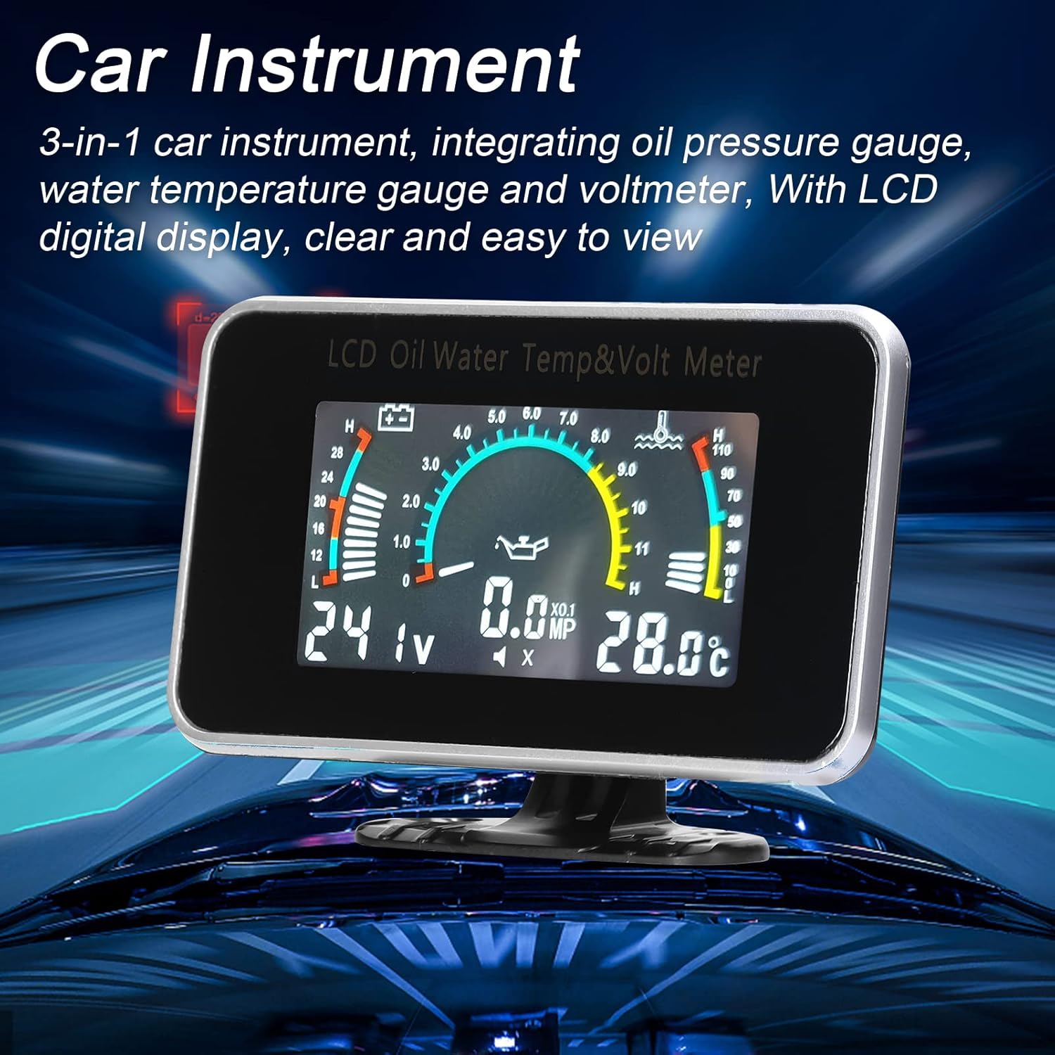 Aumotop Medidor LCD de coche 3 en 1, medidor digital de presión de aceite, medidor de temperatura del agua, instrumento universal 9-36V para coche,
