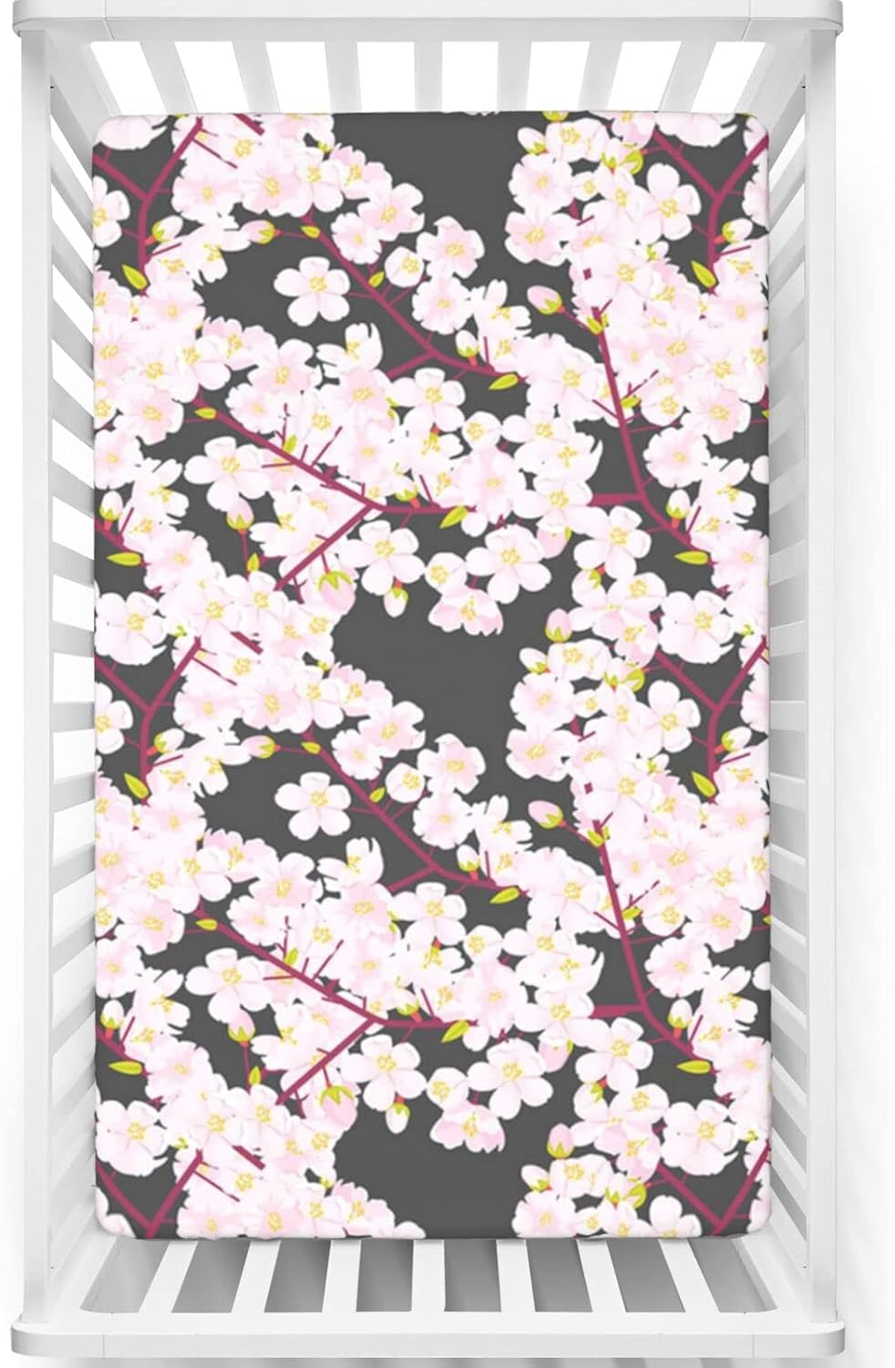 Sábana bajera ajustable para cuna con temática de flor de cerezo, material ultrasuave, ideal para habitación de niños o niñas o guardería, gris rosa