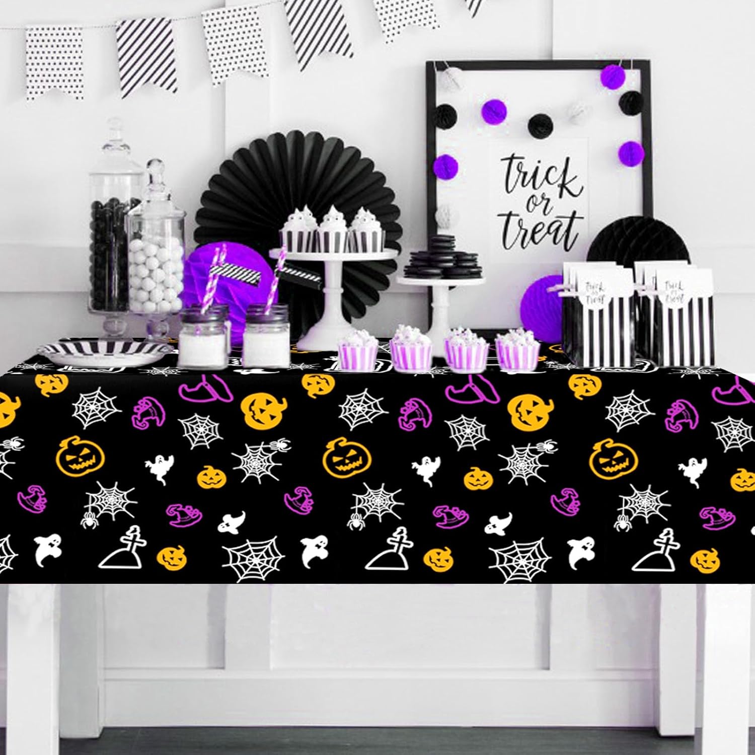 Mantel de plástico de Halloween, funda desechable de tela de araña para decoración de mesa de casa encantada, mantel rectangular negro de Halloween,