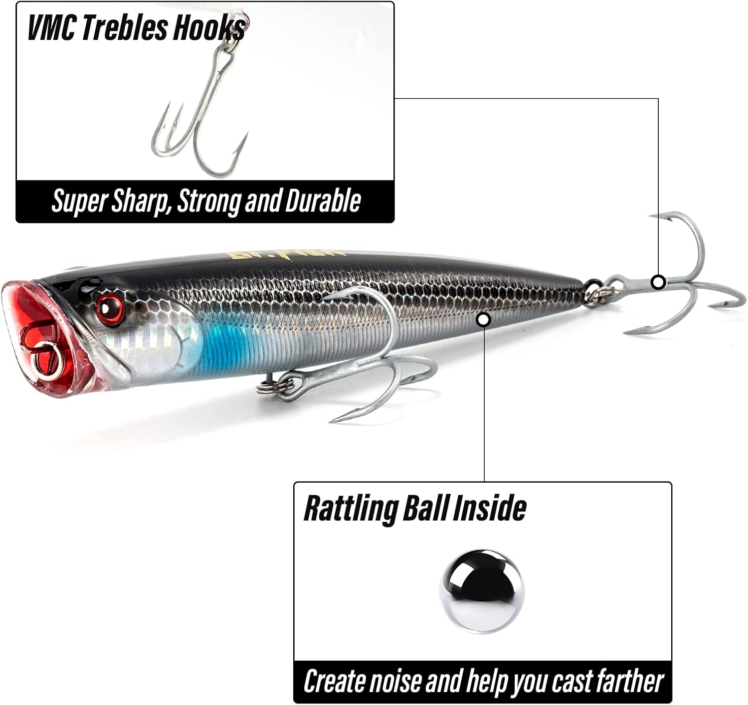Dr.Fish Topwater Popper – Señuelos de pesca de agua salada, 45.5 pulgadas GT Popper VMC anzuelos agudos señuelos de pesca para Striper, lucio,