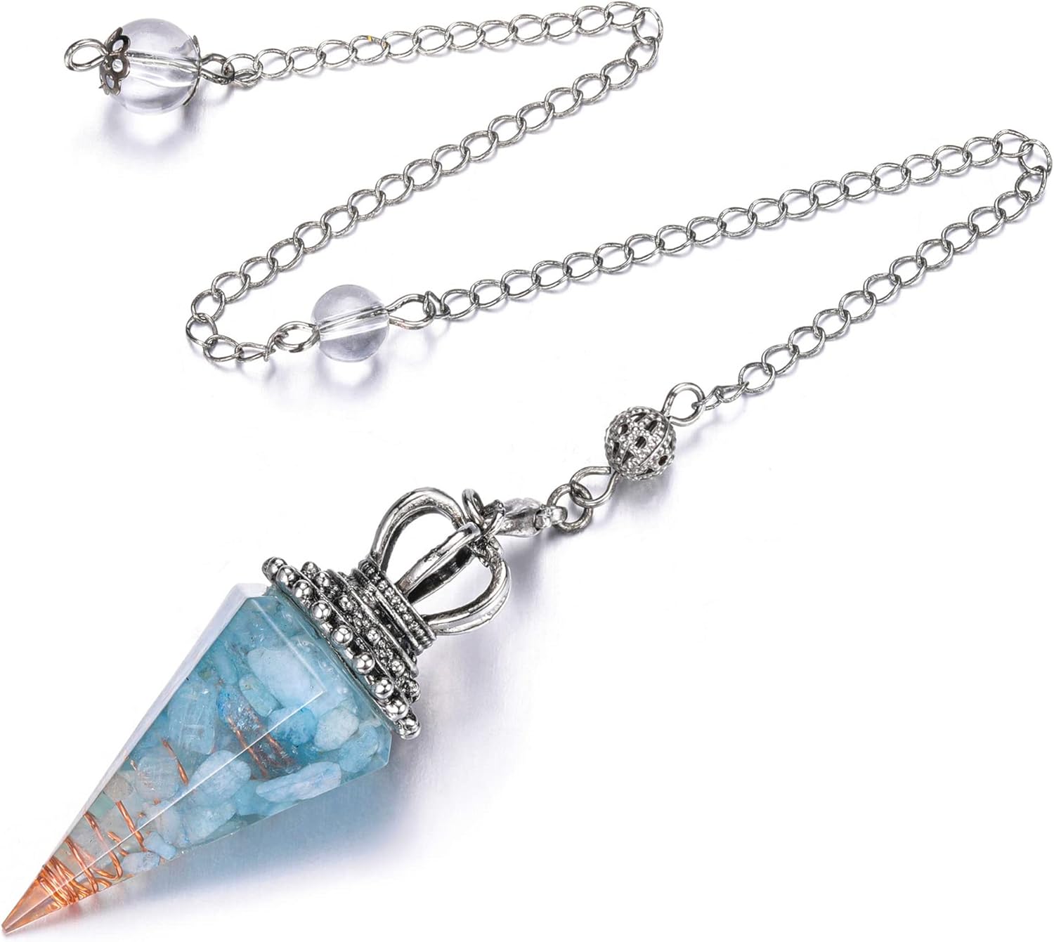 Top Plaza Cristal de péndulo de aguamarina para bruja con piedras preciosas de radiestesia, péndulo de equilibrio de reiki, espiritual de 6 facetas,