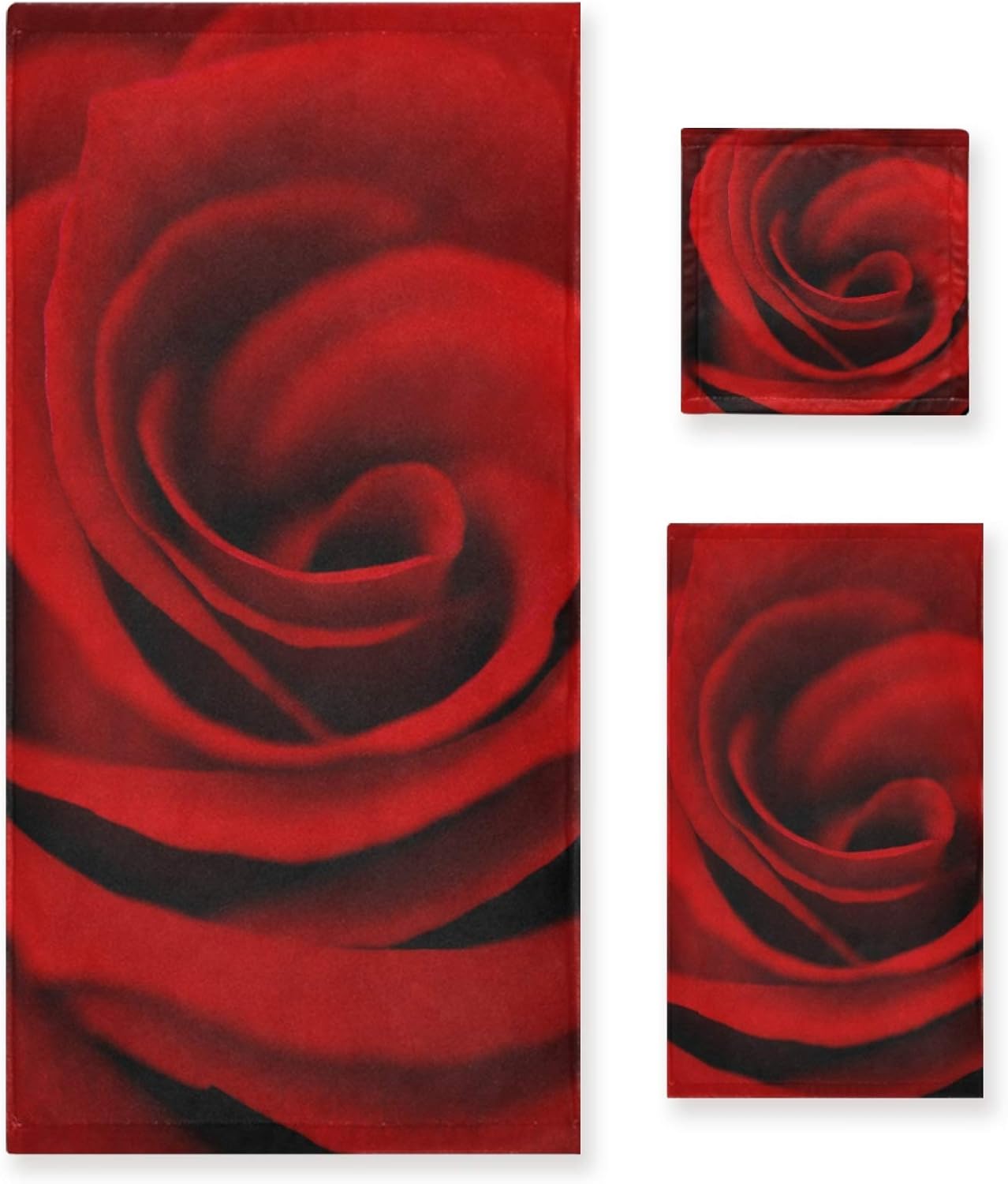Qilmy Juego de 3 toallas de baño con diseño floral de rosas rojas vívidas para cara, absorbente a mano, patrón de flores para gimnasio, baño, hogar,