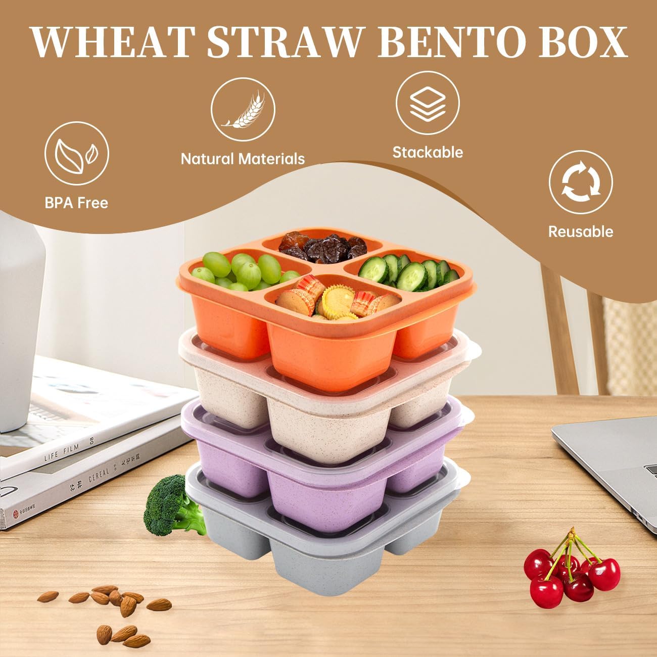 Paquete de 7 loncheras Bento, 4 compartimentos, caja de aperitivos dividida, contenedores de almuerzo para preparación de comidas, lonchera para