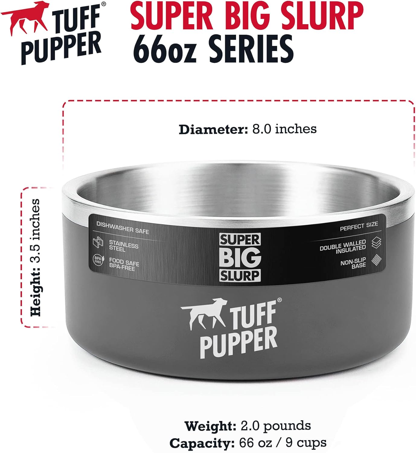 Tuff Pupper Tazón aislado resistente para perros, plato de comida de acero inoxidable de doble pared, antideslizante, a prueba de derrames, apto
