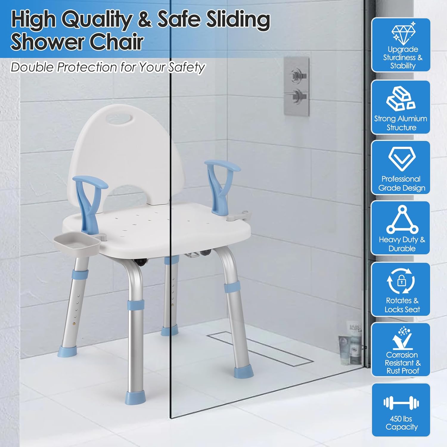 Ambliss Silla de ducha giratoria de 360 para ducha interior, asiento de ducha con ruedas médicas para personas mayores, soporta hasta 450 libras,