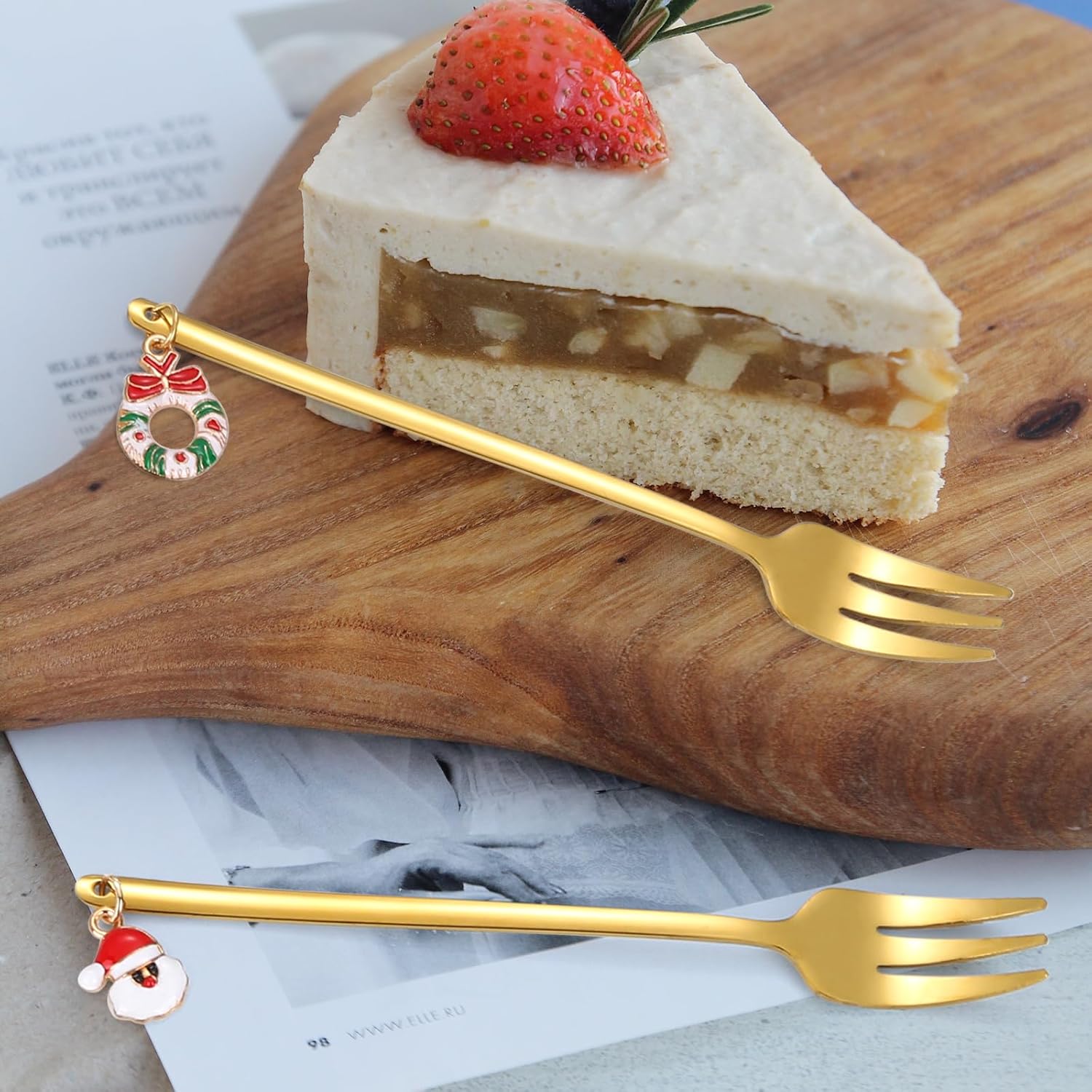 Juego de cubiertos dorados de Navidad de acero inoxidable, 6 piezas con mango de abalorios de Navidad, perfecto para ensalada, café, revolver y