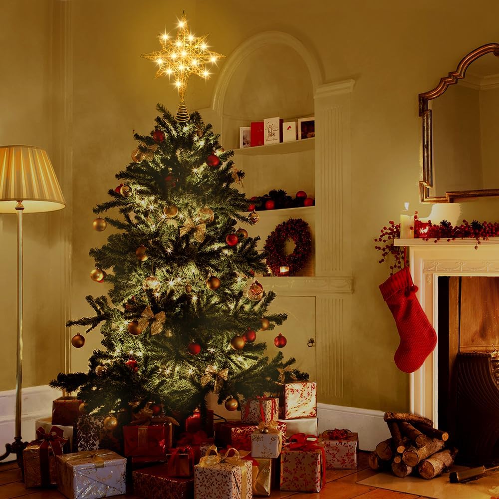 DULEFUN Decoración para árbol de Navidad iluminada de 13.5 pulgadas con 20 luces LED, adorno para árbol de Navidad para Año Nuevo, vacaciones,