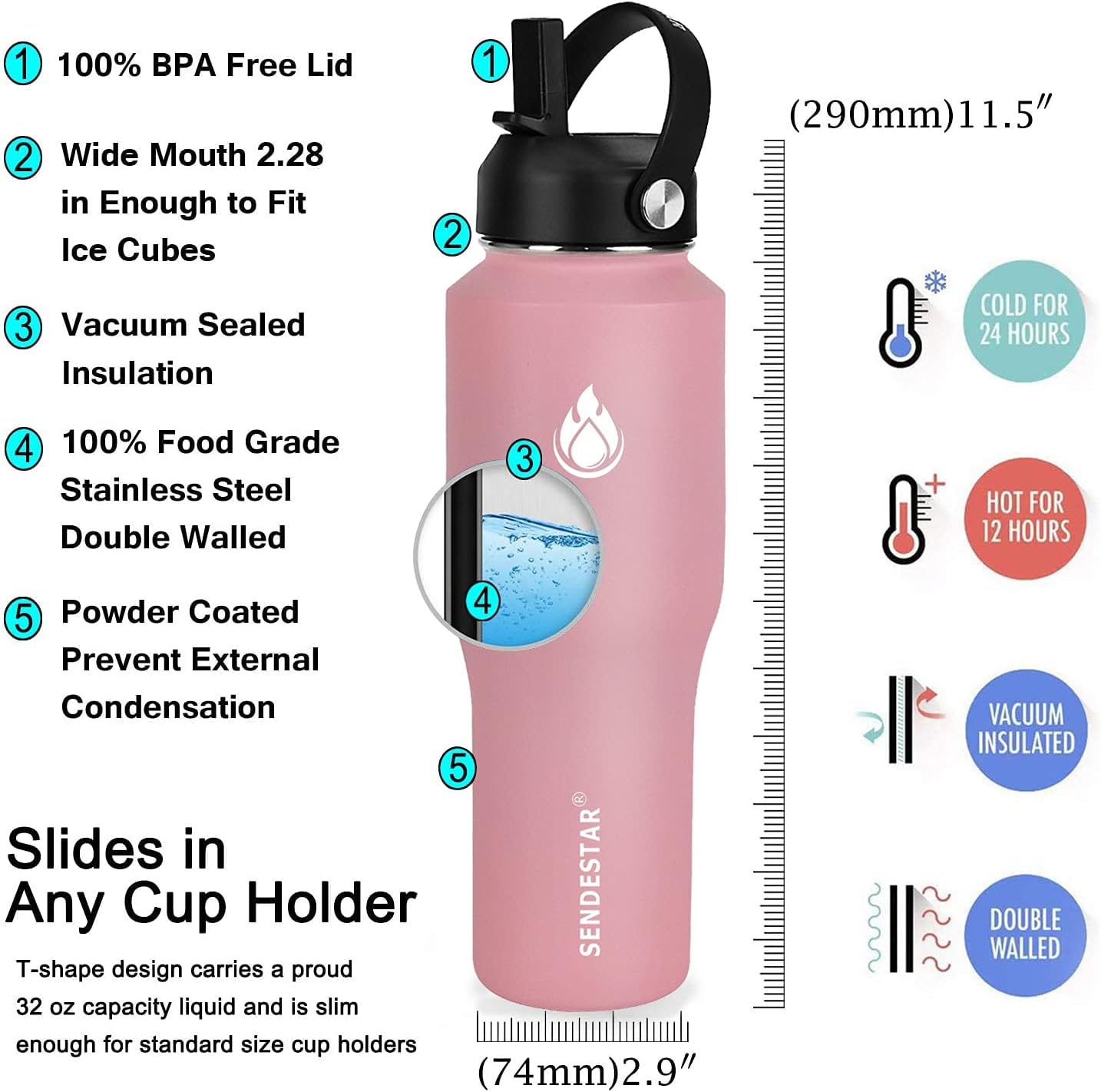SENDESTAR – Botella de agua de 0,9 L, 2 tapas (tapa con pajita), boca ancha de acero inoxidable aislada al vacío, doble pared, mantiene los líquidos