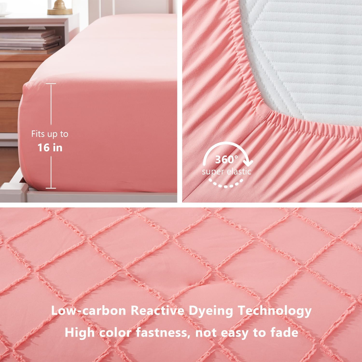 Gotroolhome Juego de edredón rosa coral con diseño copetudo, juegos de ropa de cama de granja para todas las estaciones, cama Queen suave de 7