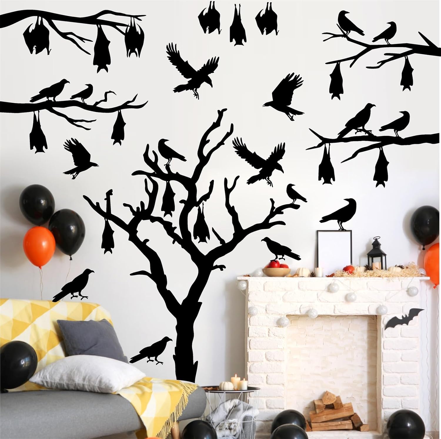 Calcomanías grandes para ventana de Halloween, árbol de Halloween, calcomanías de pared de murciélagos, calcomanías de cuervo de pájaro negro,