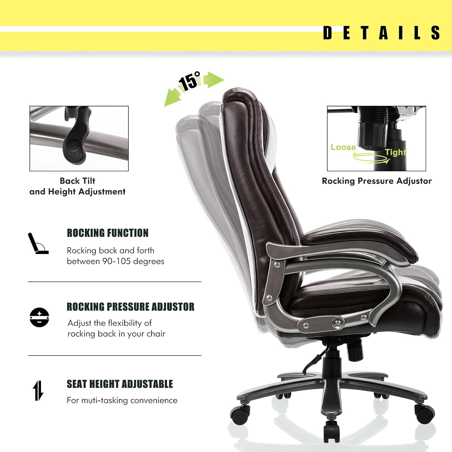 Silla de oficina grande y alta de 400 libras, silla ejecutiva de computadora con respaldo alto, base de metal resistente y ángulo de inclinación