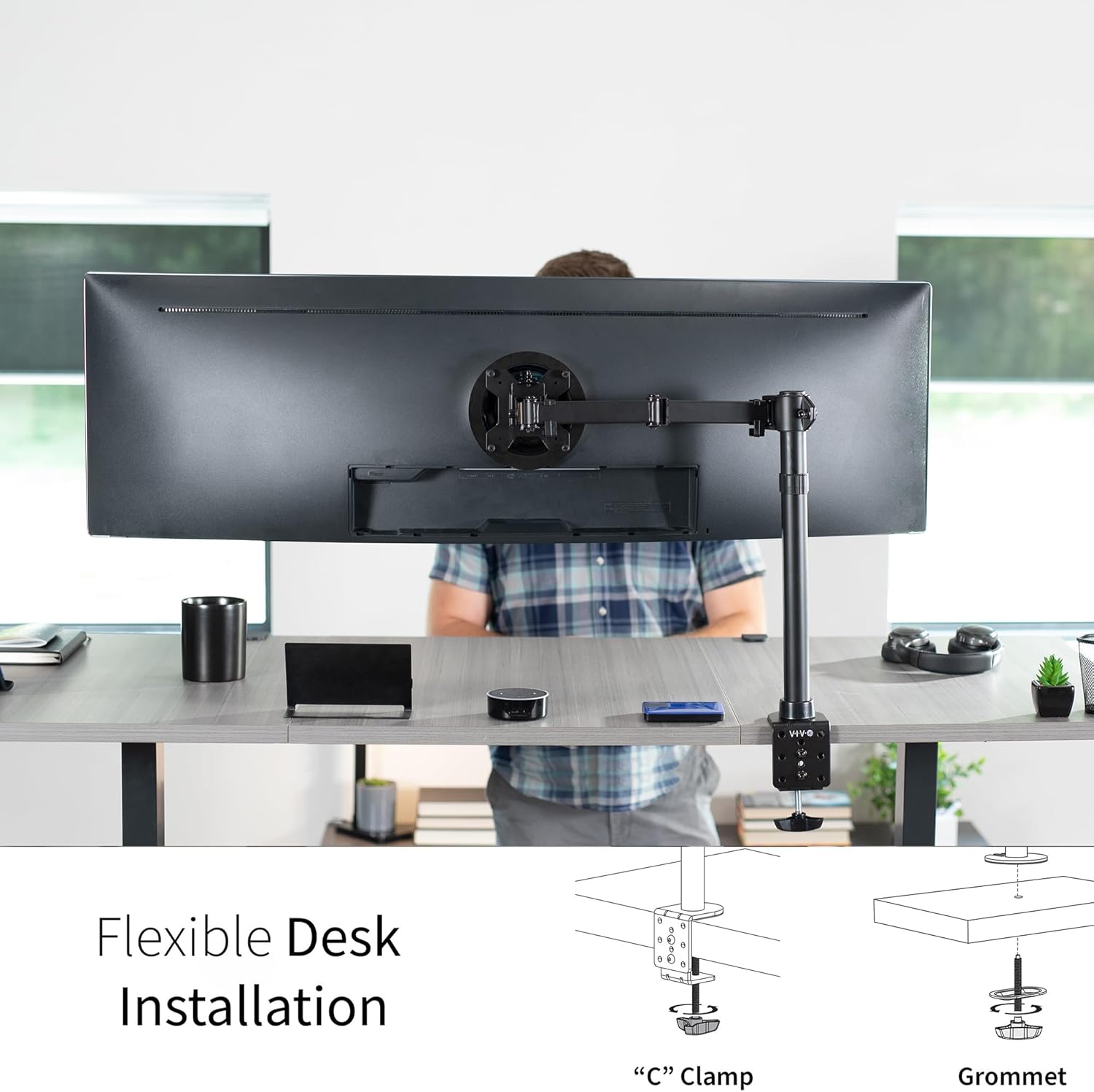 VIVO Soporte de escritorio con brazo para monitor grande, soporta pantallas de hasta 45 pulgadas, soporte totalmente ajustable con abrazadera en C y