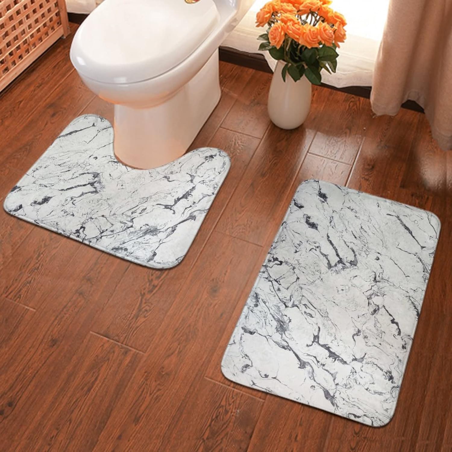 Juego de 2 alfombras de contorno de baño compatibles con textura de mármol blanco, tapete de ducha de espuma viscoelástica de franela y alfombra de