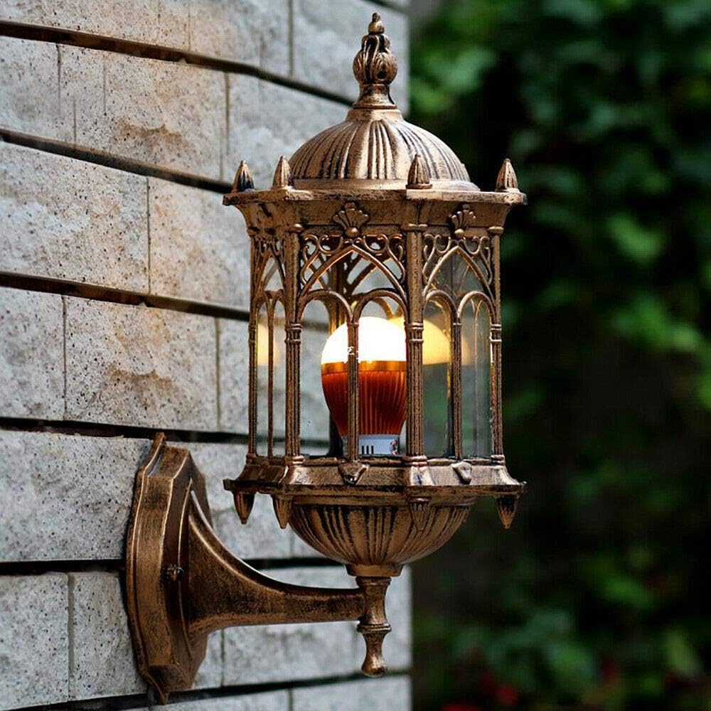 FIKNEE – Lámpara de pared retro vintage E27, lámpara de pared exterior, lámpara de latón antiguo, aplique de vidrio para interiores y exteriores,